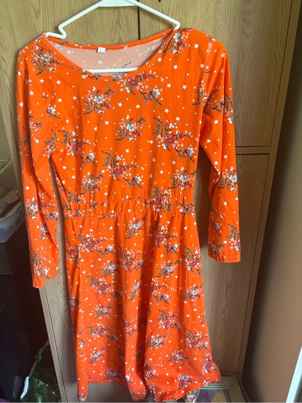 Girls' Orange Floral Long-Sleeve Dress